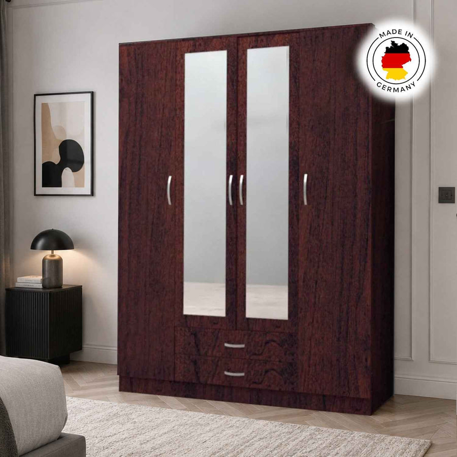 Rutland Dark Cherry 4 Door Wardrobe with Mirrors and 2 Drawers