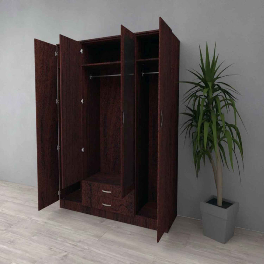 Rutland Dark Cherry 4 Door Wardrobe with Mirrors and 2 Drawers