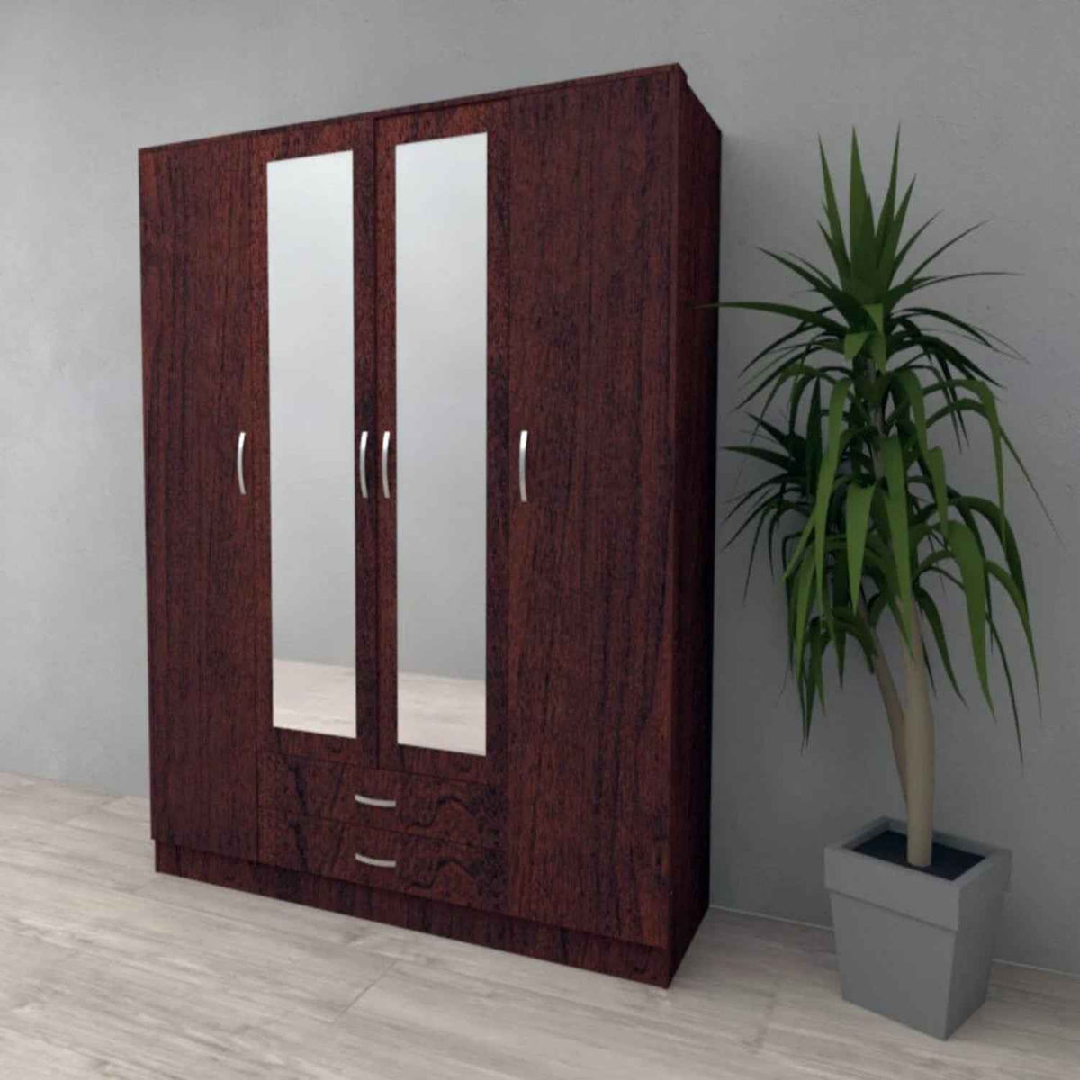 Rutland Dark Cherry 4 Door Wardrobe with Mirrors and 2 Drawers