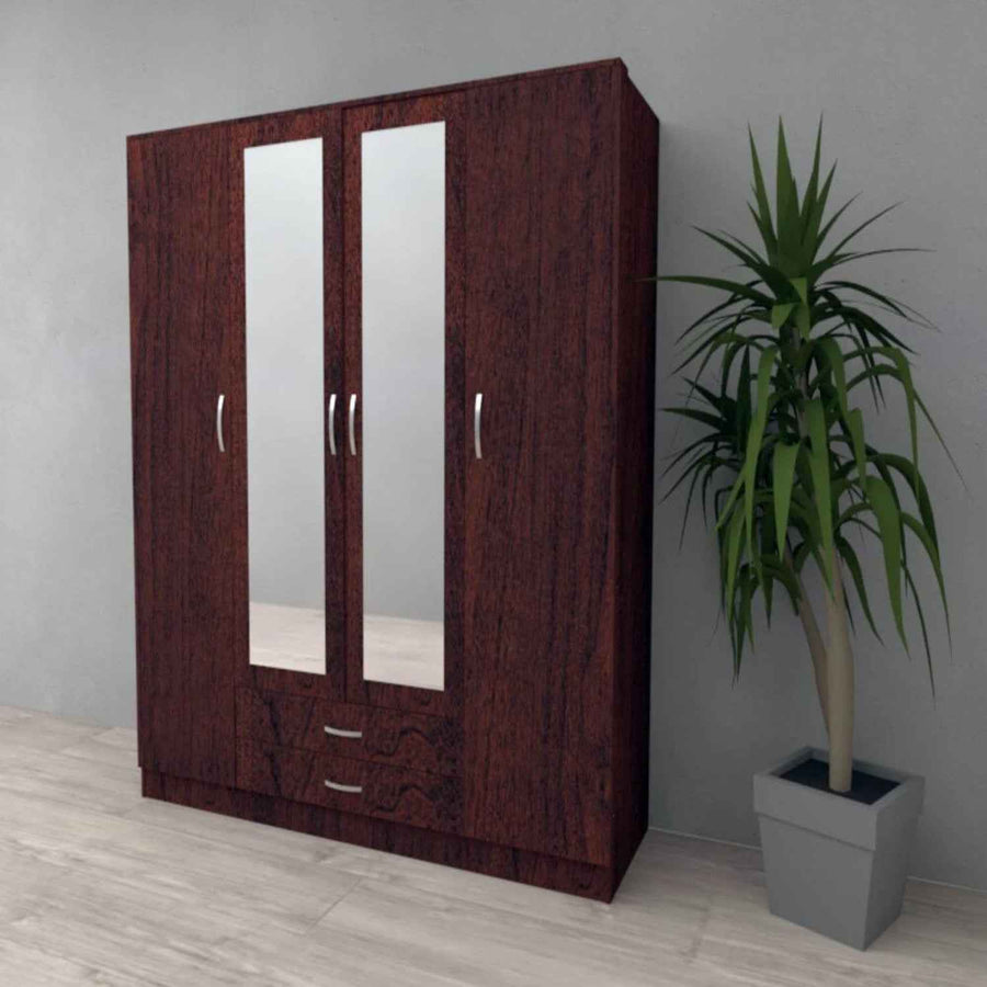 Rutland Dark Cherry 4 Door Wardrobe with Mirrors and 2 Drawers