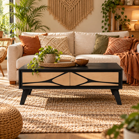 Inklyn Abstract Inlay Mango Wood 2 Drawer Coffee Table