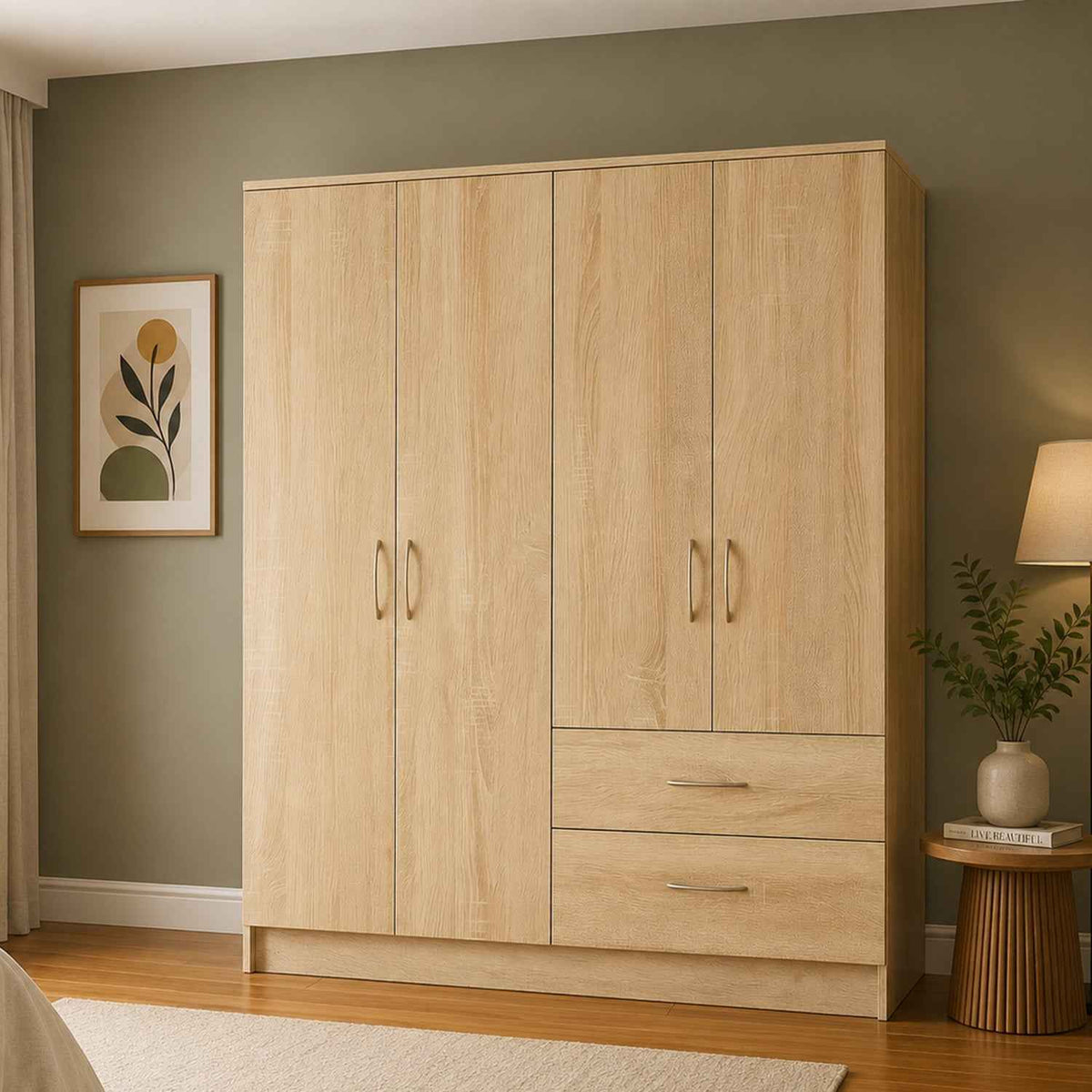 Chelsea Oak 4 Door Wardrobe with 2 Drawers