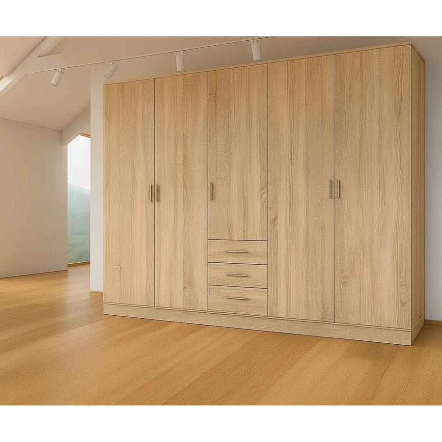 Chelsea Oak 5 Door Wardrobe with 3 Drawers