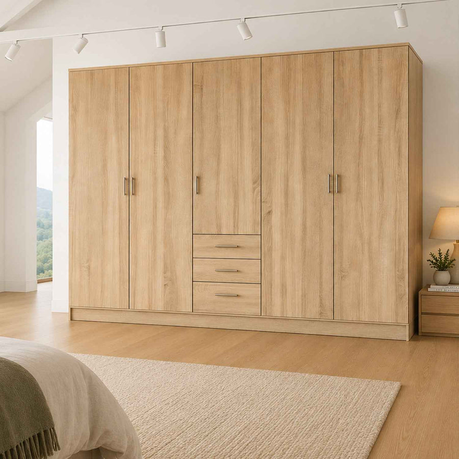 Chelsea Oak 5 Door Wardrobe with 3 Drawers