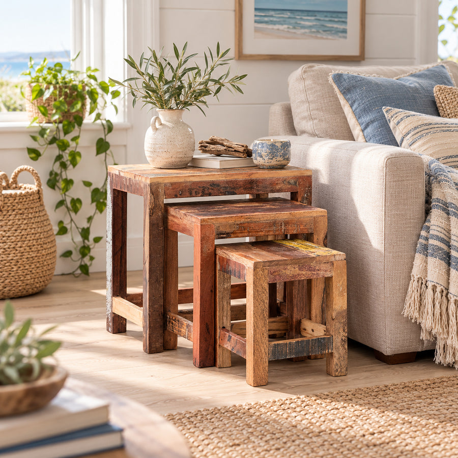 Saltmere Reclaimed Boat Wood Coastal Nest of 3 Tables