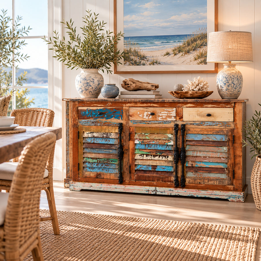 Saltmere Large Reclaimed Wood Coastal 3 Drawer Sideboard