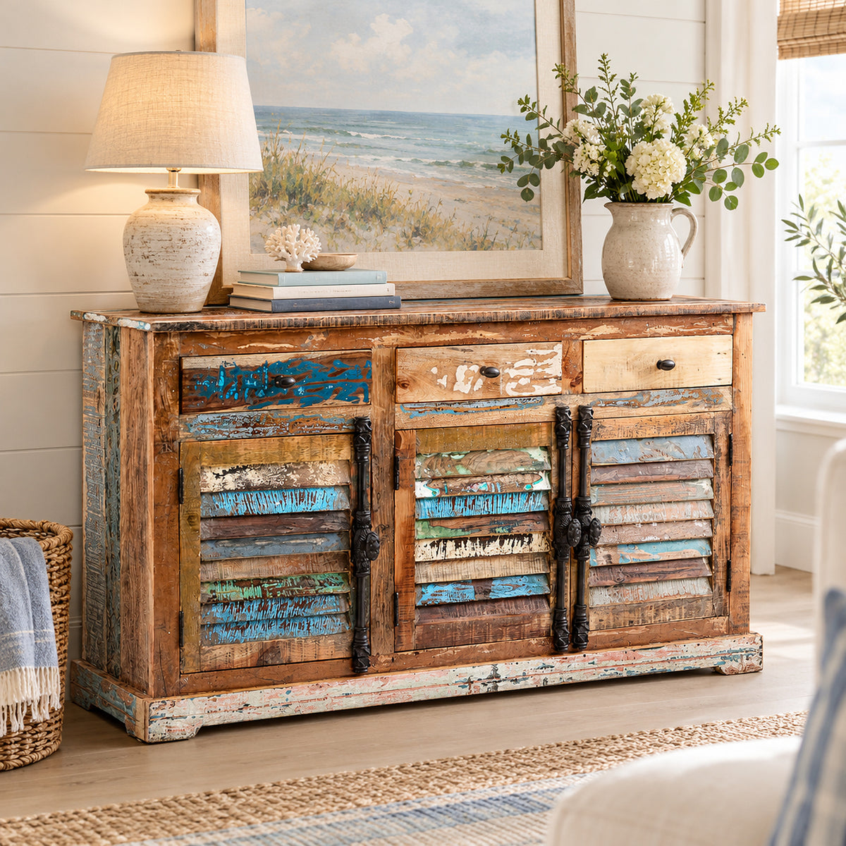 Saltmere Large Reclaimed Wood Coastal 3 Drawer Sideboard - image 2
