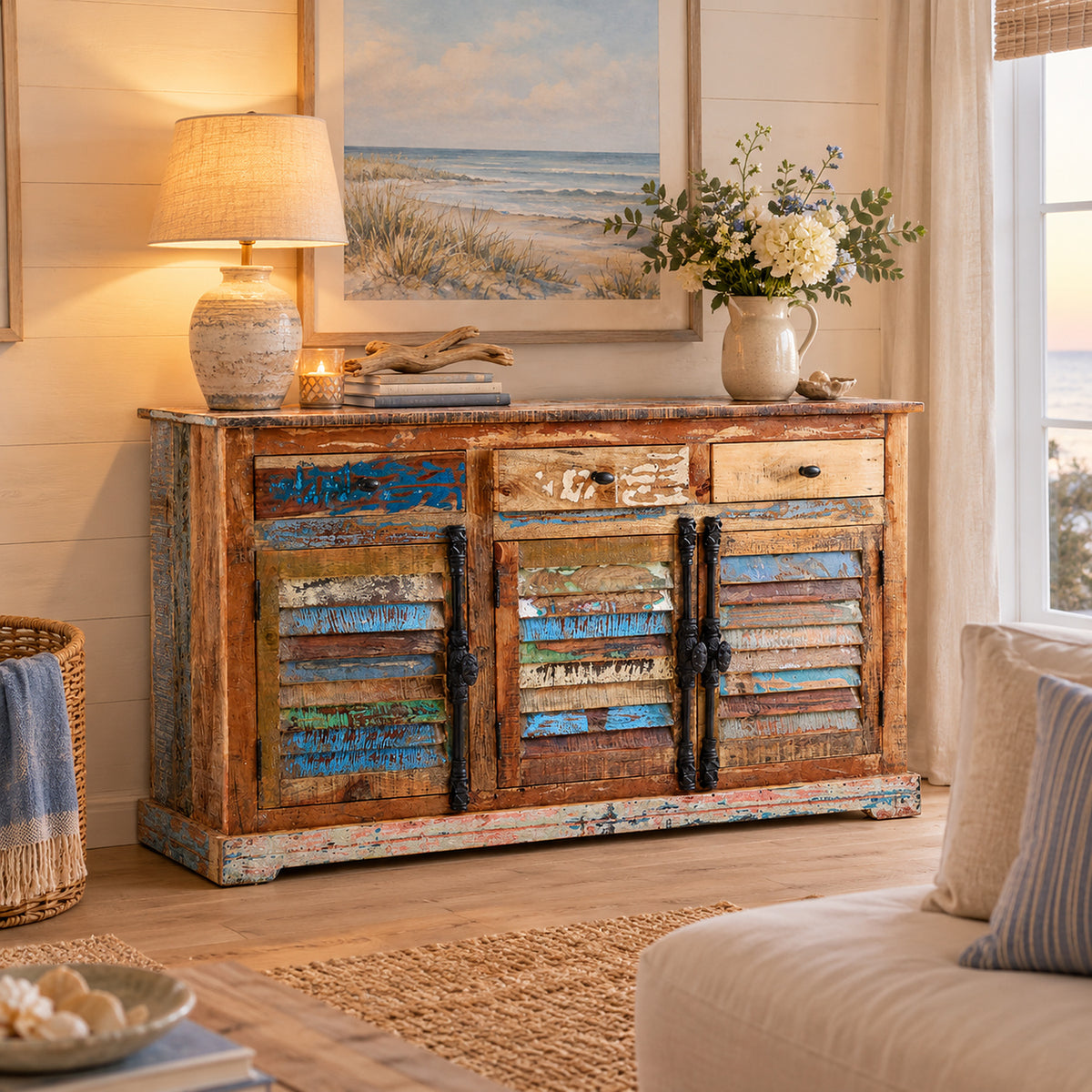 Saltmere Large Reclaimed Wood Coastal 3 Drawer Sideboard - image 3