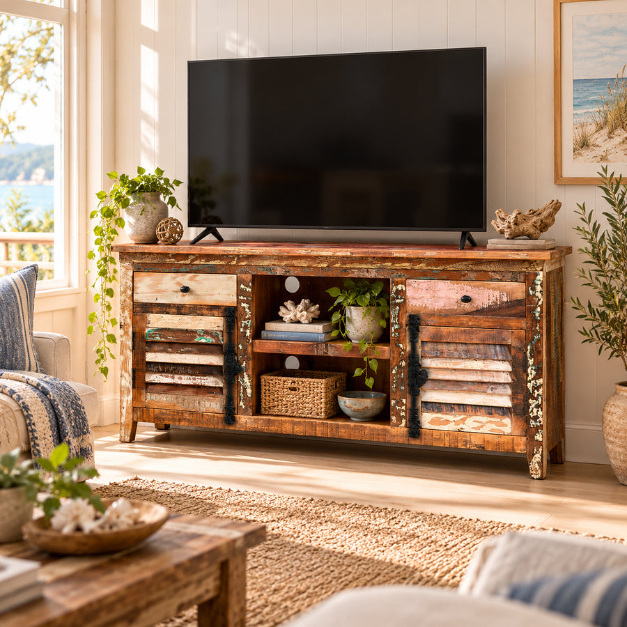 Saltmere Large Reclaimed Wood Coastal 4 Drawer TV Media Unit