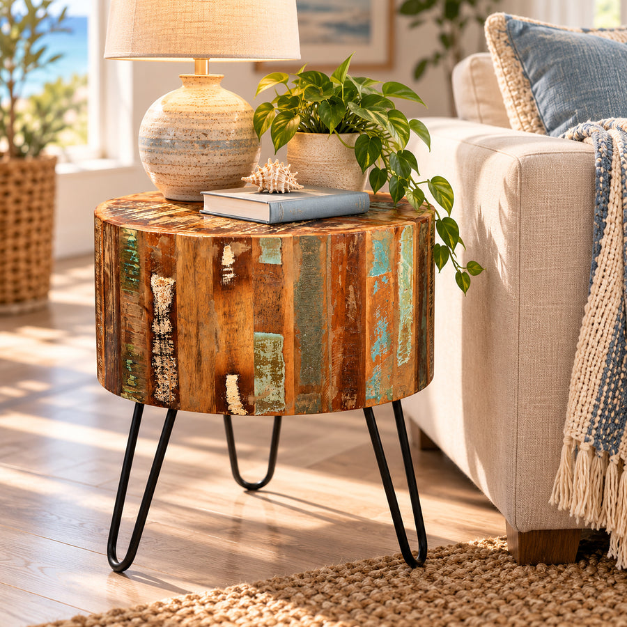 Saltmere Reclaimed Boat Wood Coastal Drum Side Table