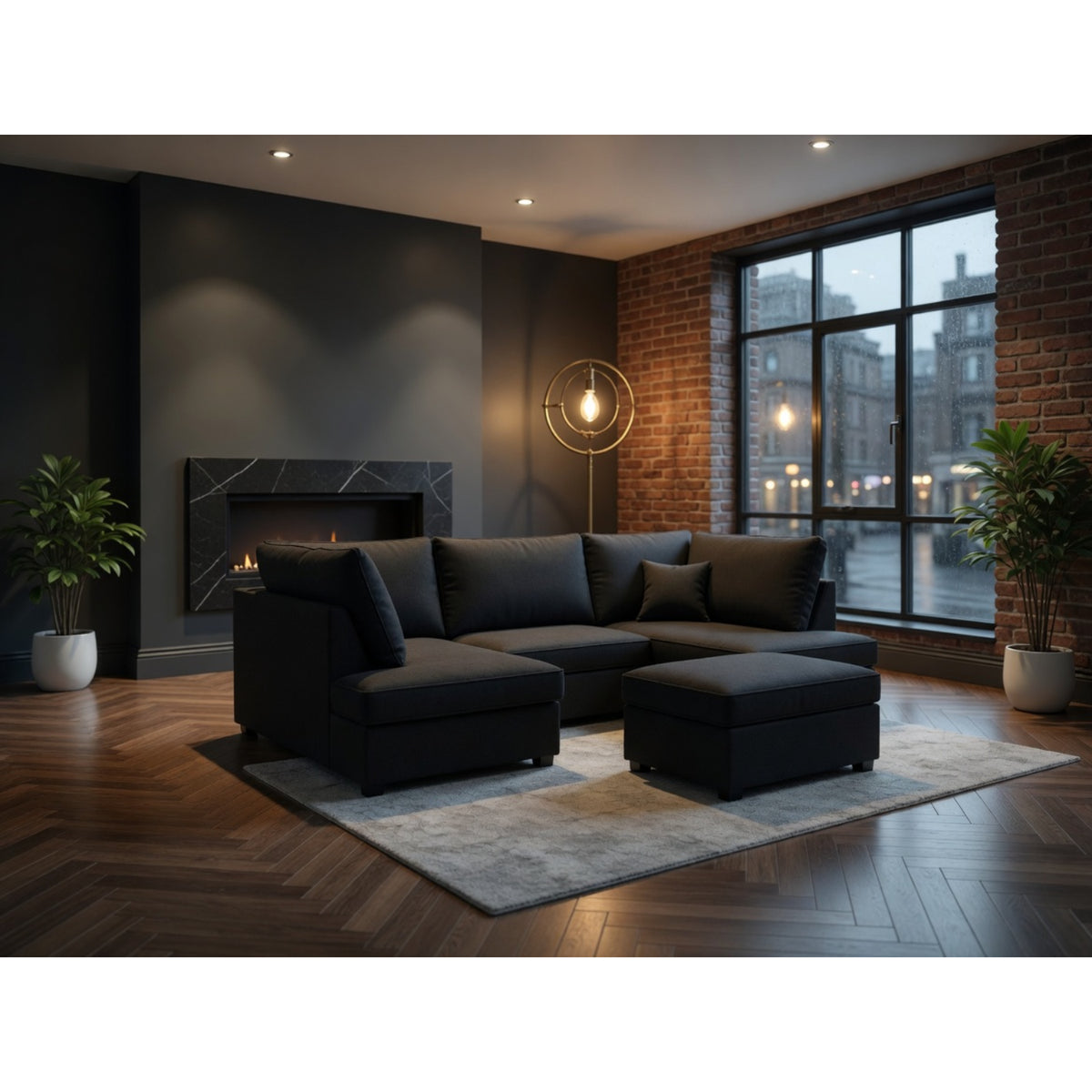Carnaby Sofa Plush U Shape Corner in  Black