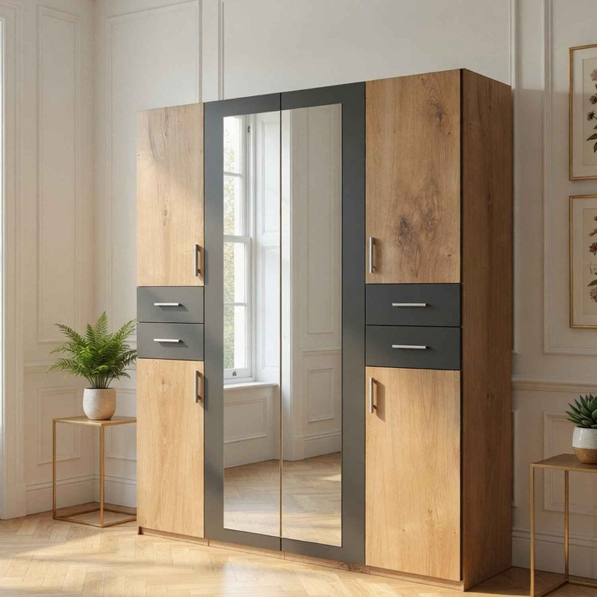 Richmond Planked Oak and Graphite 4 Door Wardrobe with Mirrors and Drawers