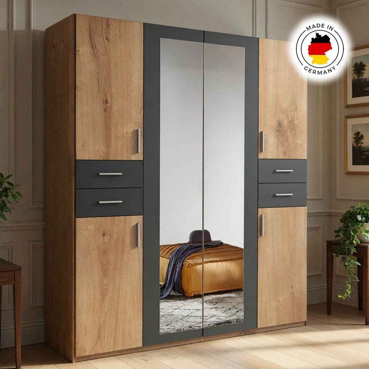 Richmond Planked Oak and Graphite 4 Door Wardrobe with Mirrors and Drawers