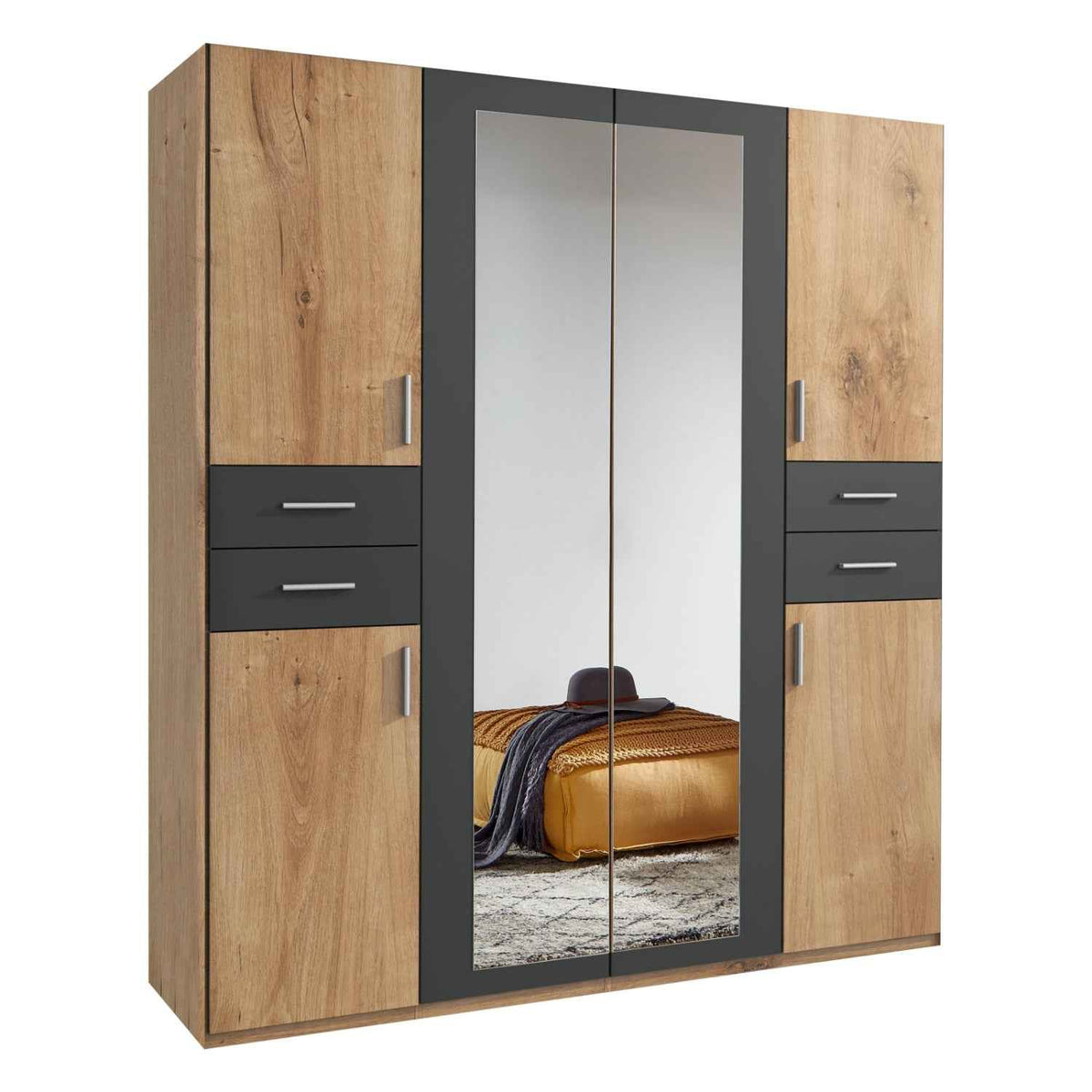 Richmond Planked Oak and Graphite 4 Door Wardrobe with Mirrors and Drawers