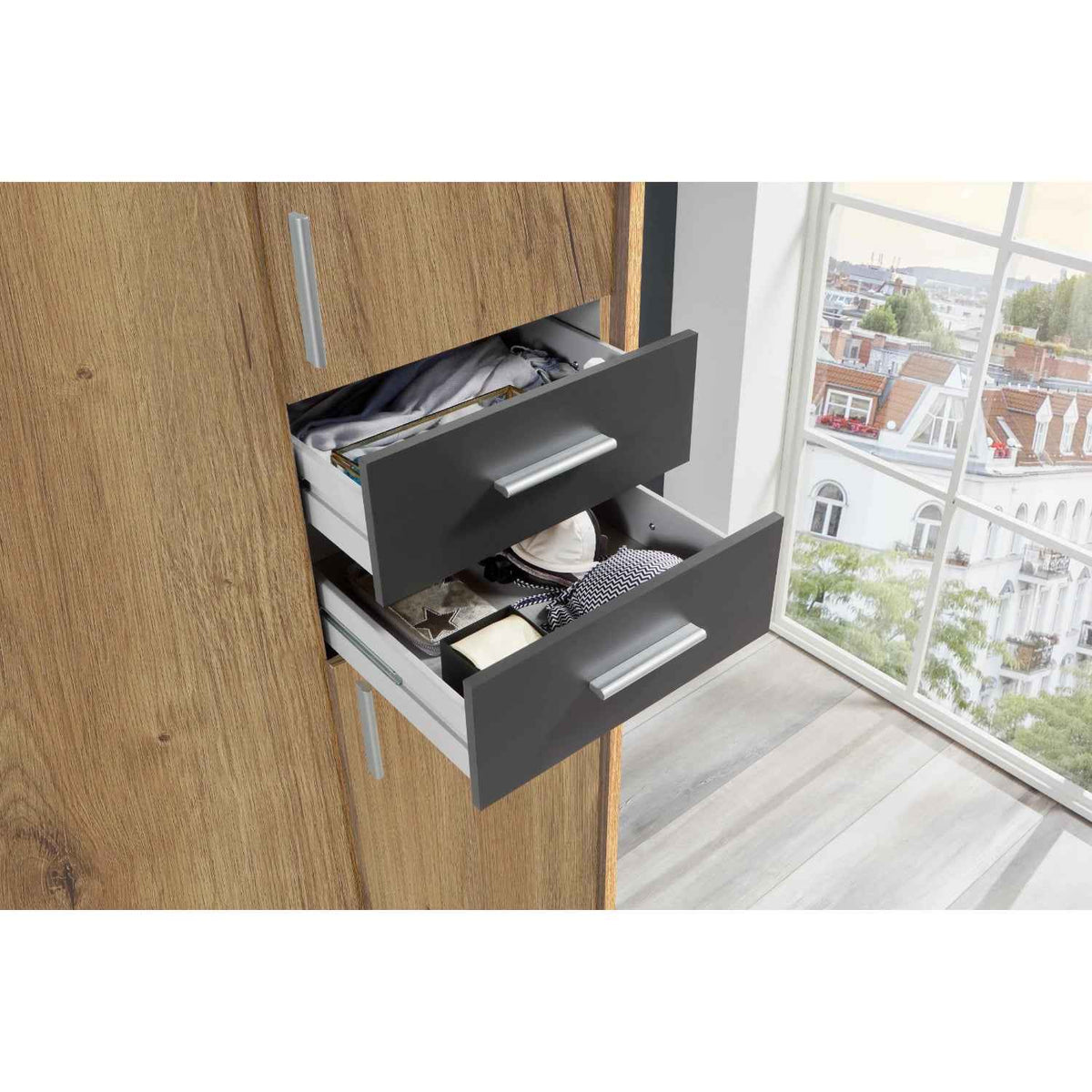 Richmond Planked Oak and Graphite 5 Door Wardrobe with Mirror and Drawers