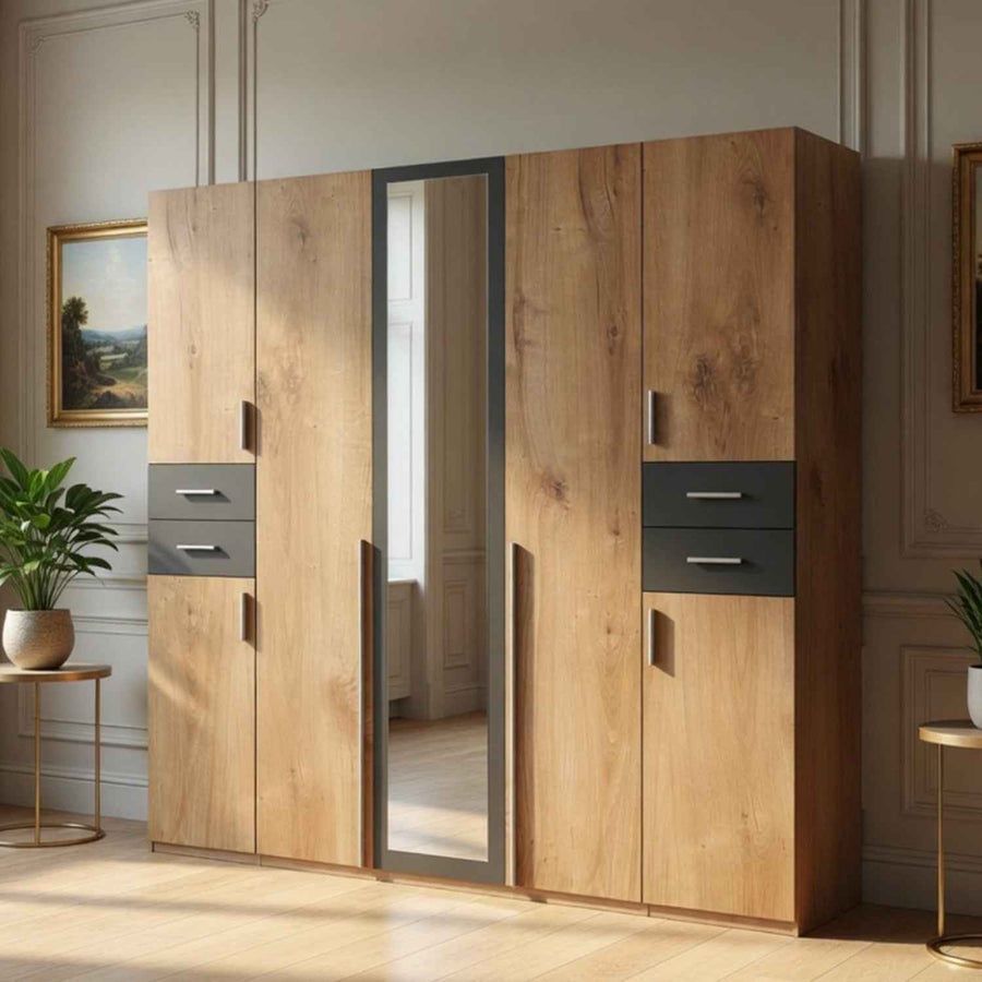 Richmond Planked Oak and Graphite 5 Door Wardrobe with Mirror and Drawers