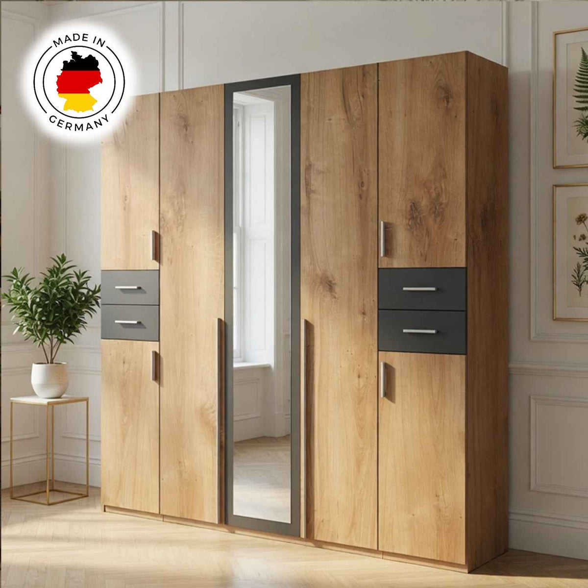 Richmond Planked Oak and Graphite 5 Door Wardrobe with Mirror and Drawers