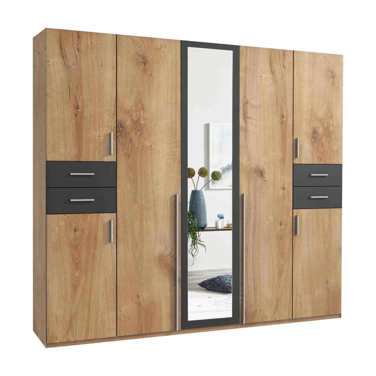 Richmond Planked Oak and Graphite 5 Door Wardrobe with Mirror and Drawers
