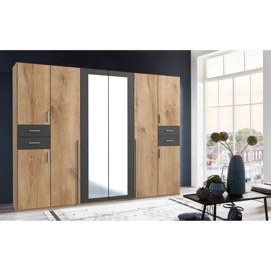 Richmond Planked Oak and Graphite 6 Door Wardrobe with Mirrors and Drawers