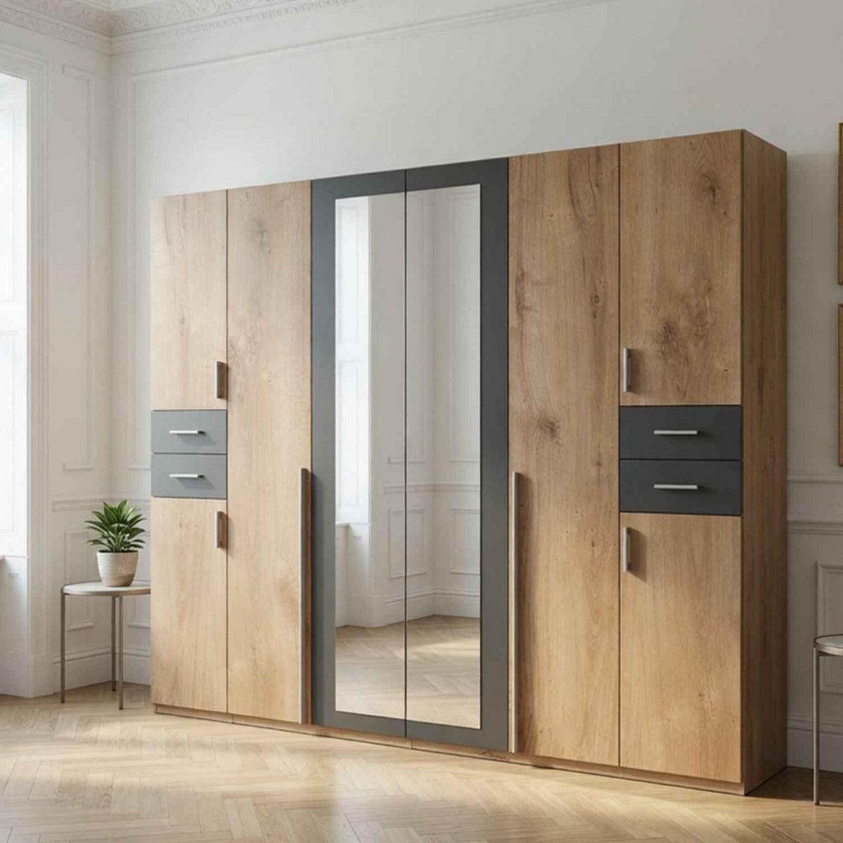 Richmond Planked Oak and Graphite 6 Door Wardrobe with Mirrors and Drawers