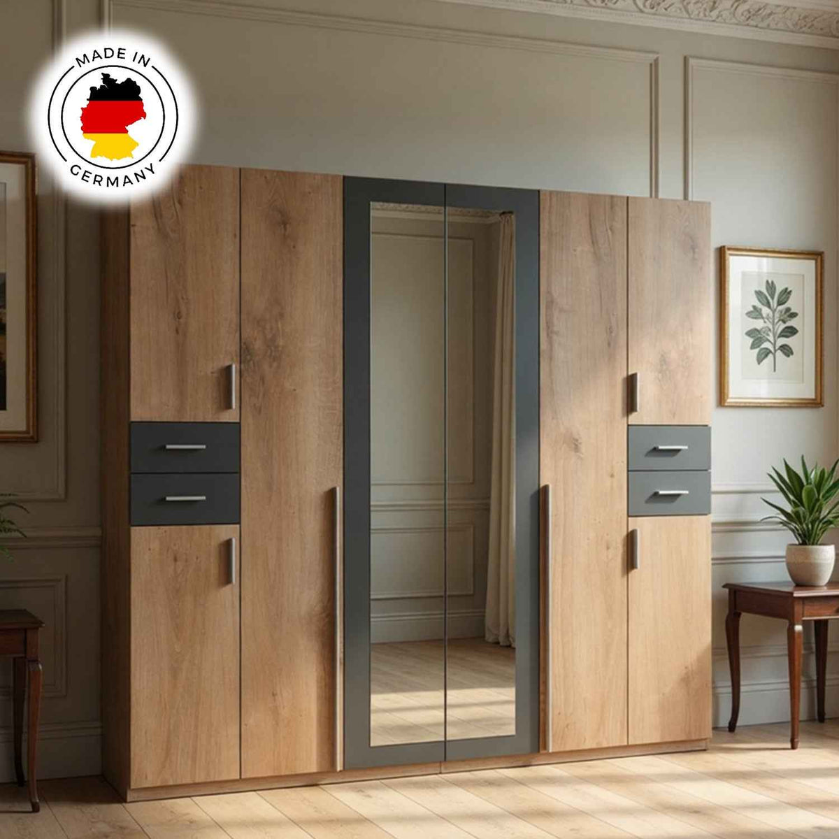 Richmond Planked Oak and Graphite 6 Door Wardrobe with Mirrors and Drawers