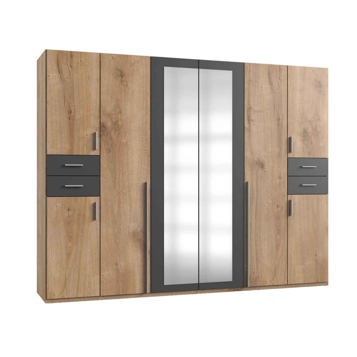 Richmond Planked Oak and Graphite 6 Door Wardrobe with Mirrors and Drawers