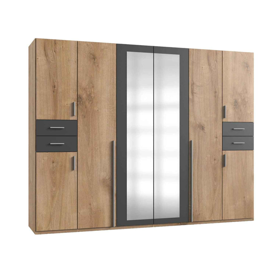 Richmond Planked Oak and Graphite 6 Door Wardrobe with Mirrors and Drawers