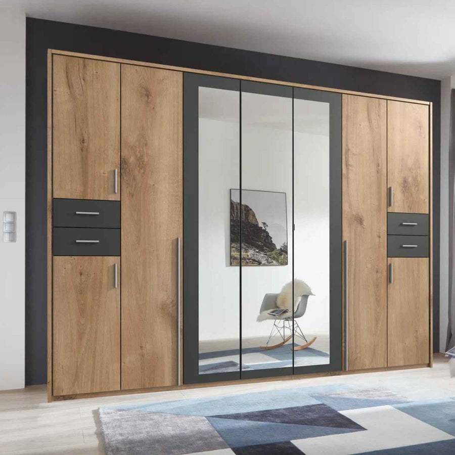 Richmond 9 Door Wardrobe with 3 Mirrors and 4 Drawers Oak and Graphite 313cm