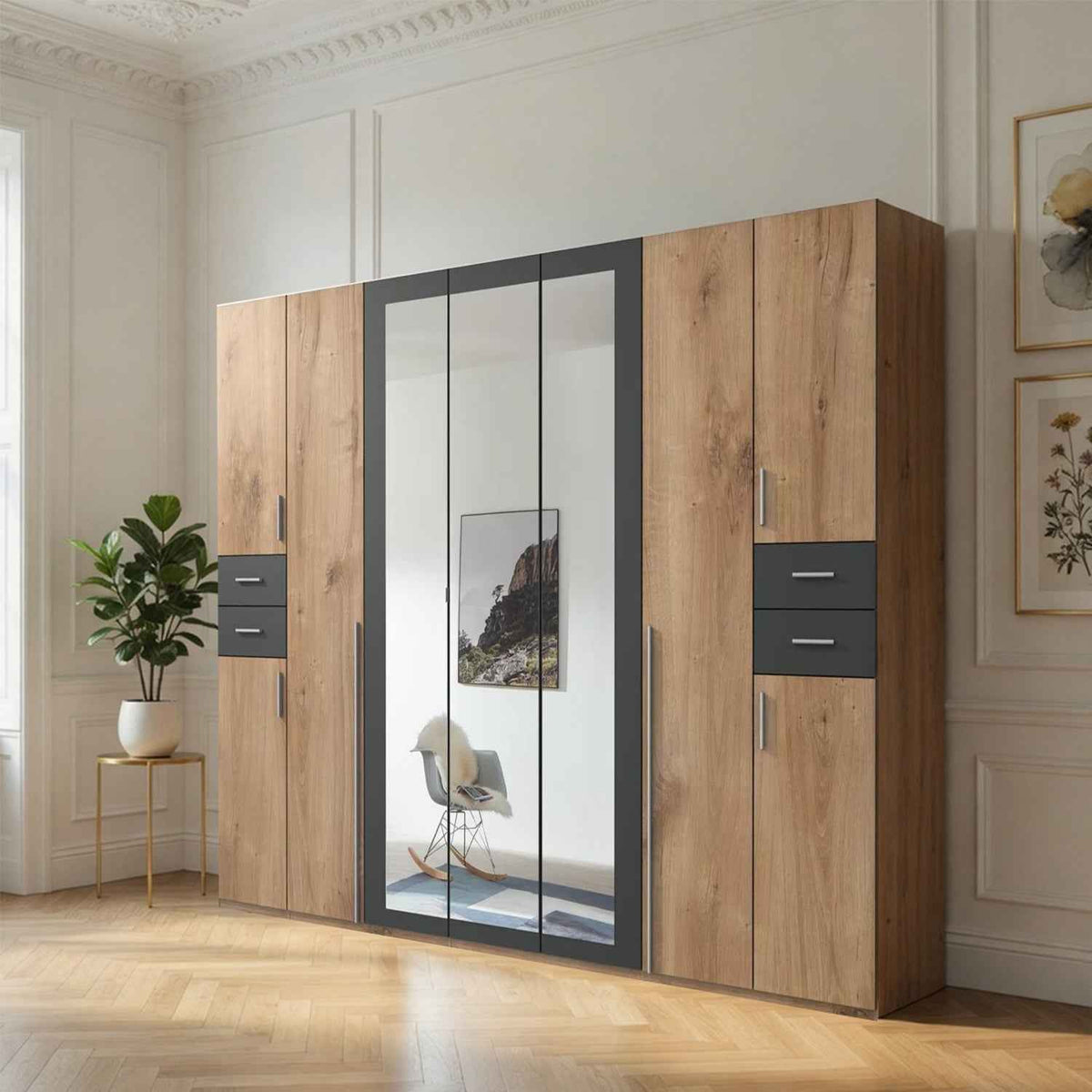 Richmond 9 Door Wardrobe with 3 Mirrors and 4 Drawers Oak and Graphite 313cm
