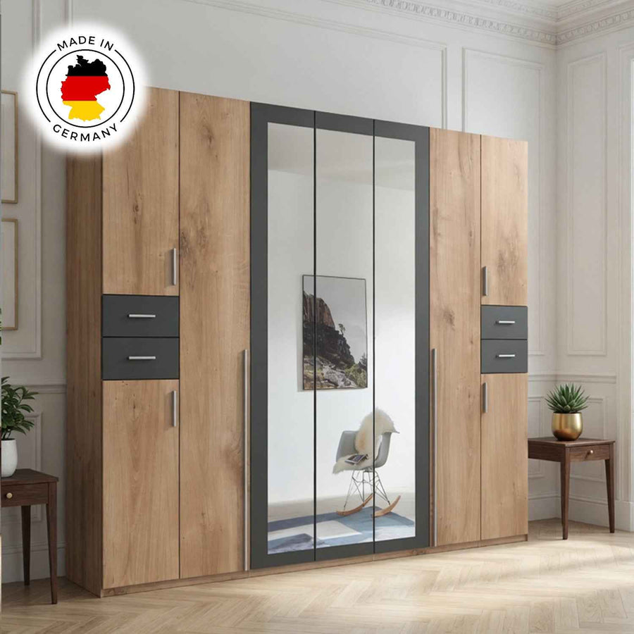 Richmond 9 Door Wardrobe with 3 Mirrors and 4 Drawers Oak and Graphite 313cm
