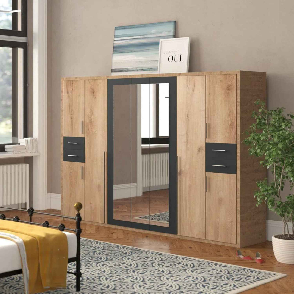 Richmond 9 Door Wardrobe with 3 Mirrors and 4 Drawers Oak and Graphite 313cm