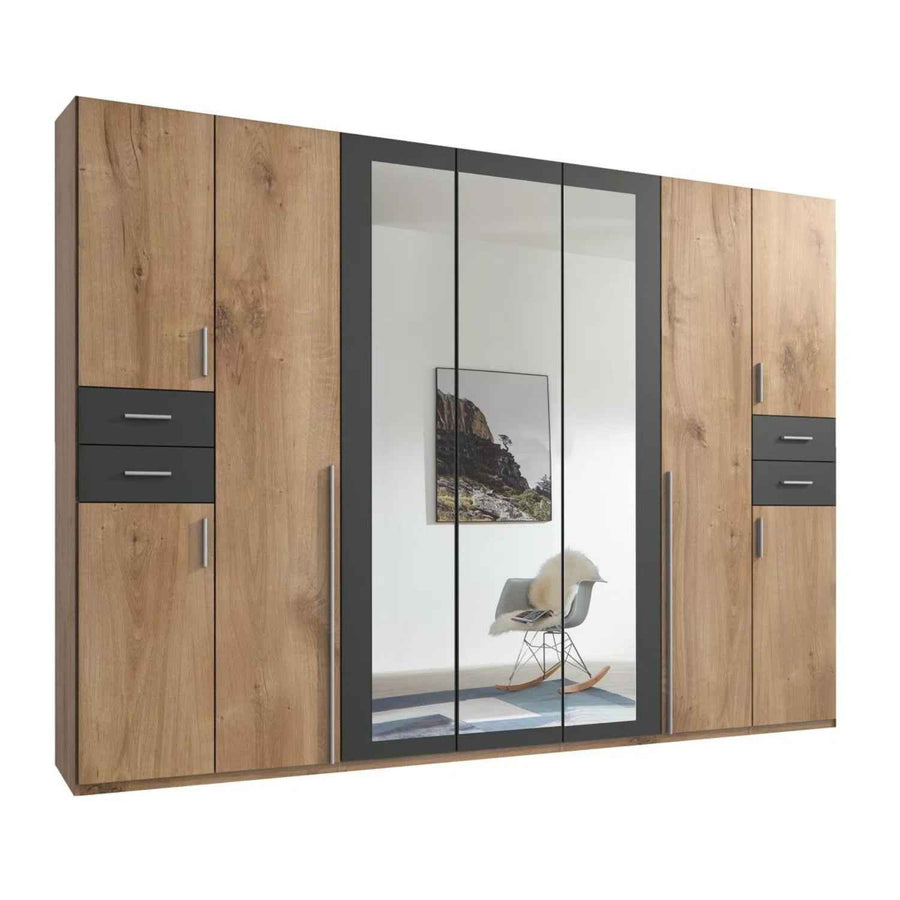 Richmond 9 Door Wardrobe with 3 Mirrors and 4 Drawers Oak and Graphite 313cm