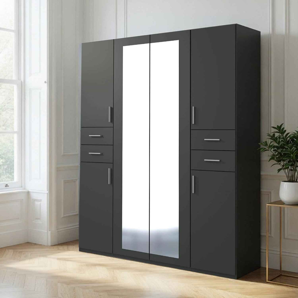 Richmond Graphite 4 Door Wardrobe with Mirrors and Drawers