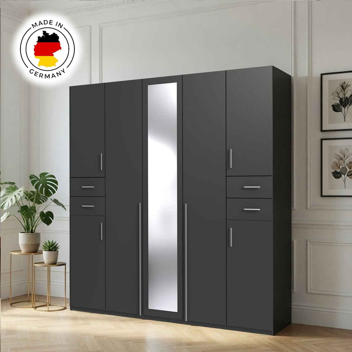 Richmond Graphite 5 Door Wardrobe with Mirror and Drawers