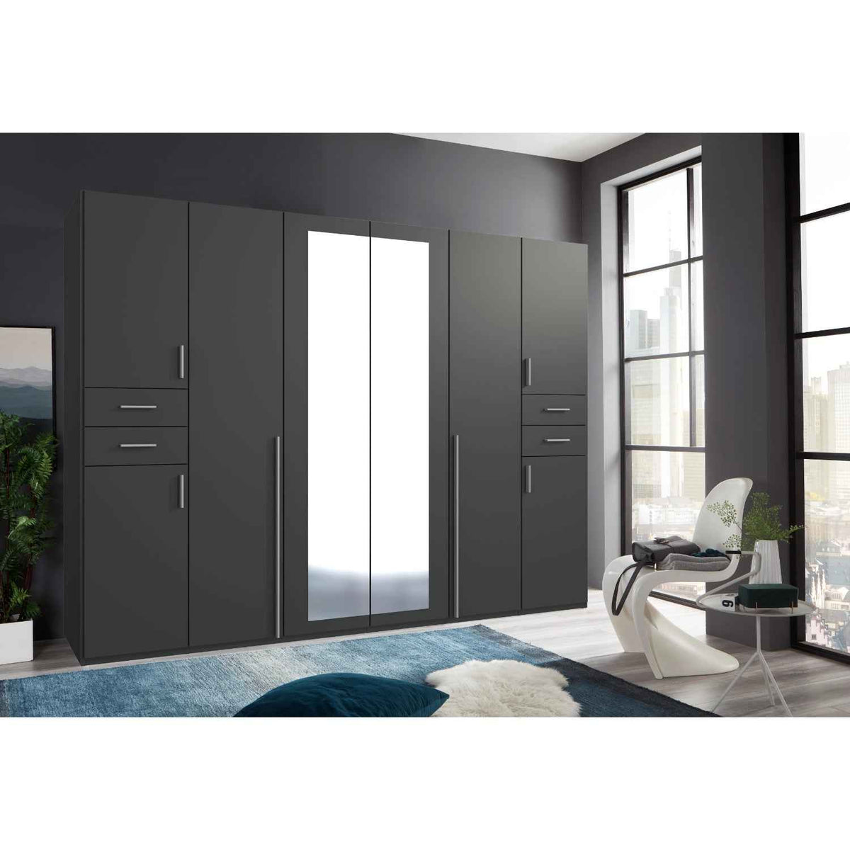 Richmond Graphite 6 Door Wardrobe with Mirrors and Drawers