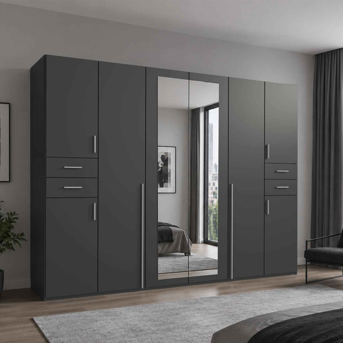 Richmond Graphite 6 Door Wardrobe with Mirrors and Drawers