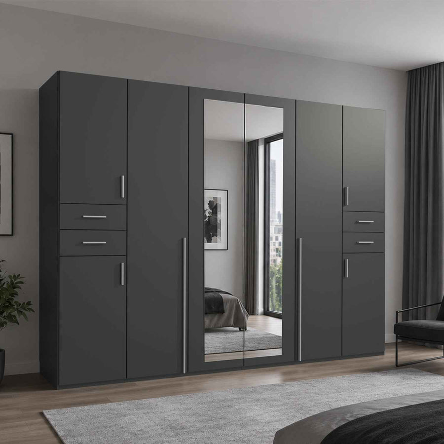 Richmond Graphite 6 Door Wardrobe with Mirrors and Drawers
