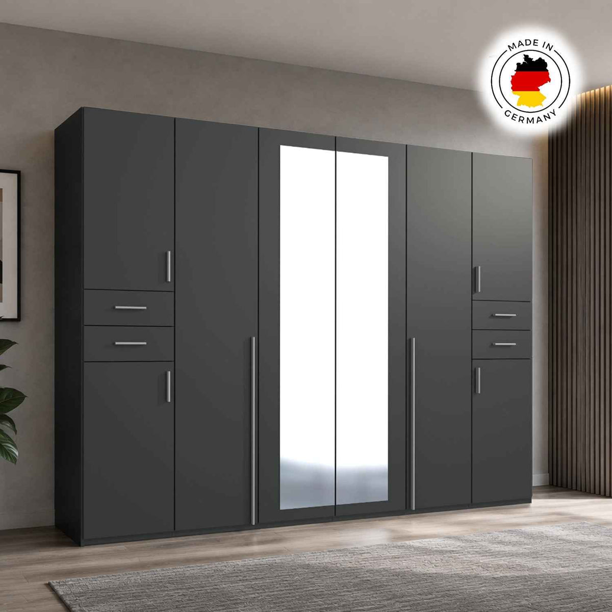 Richmond Graphite 6 Door Wardrobe with Mirrors and Drawers