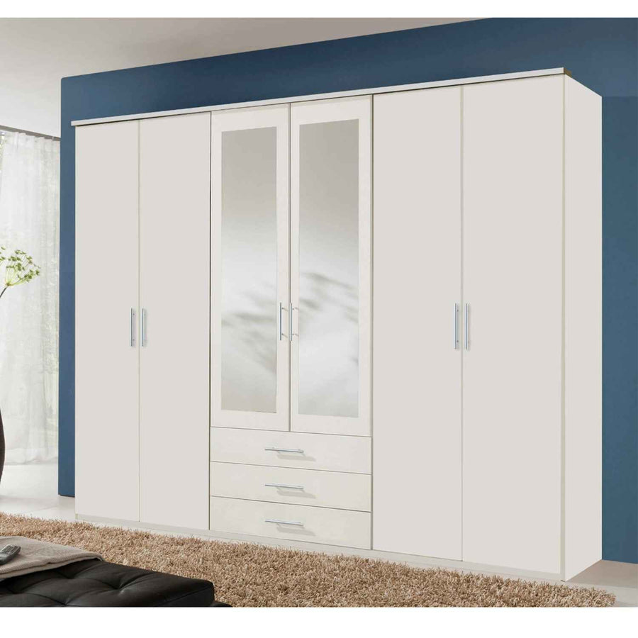 Bexley White 6 Door Mirrored Wardrobe with 3 Drawers