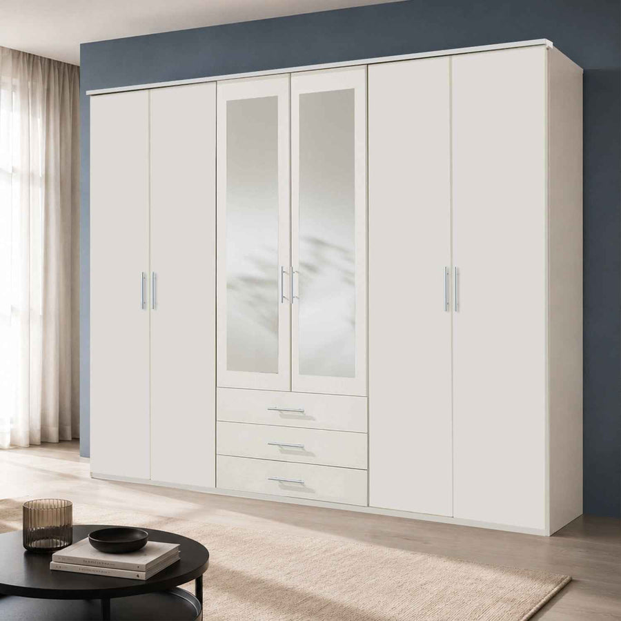 Bexley White 6 Door Mirrored Wardrobe with 3 Drawers