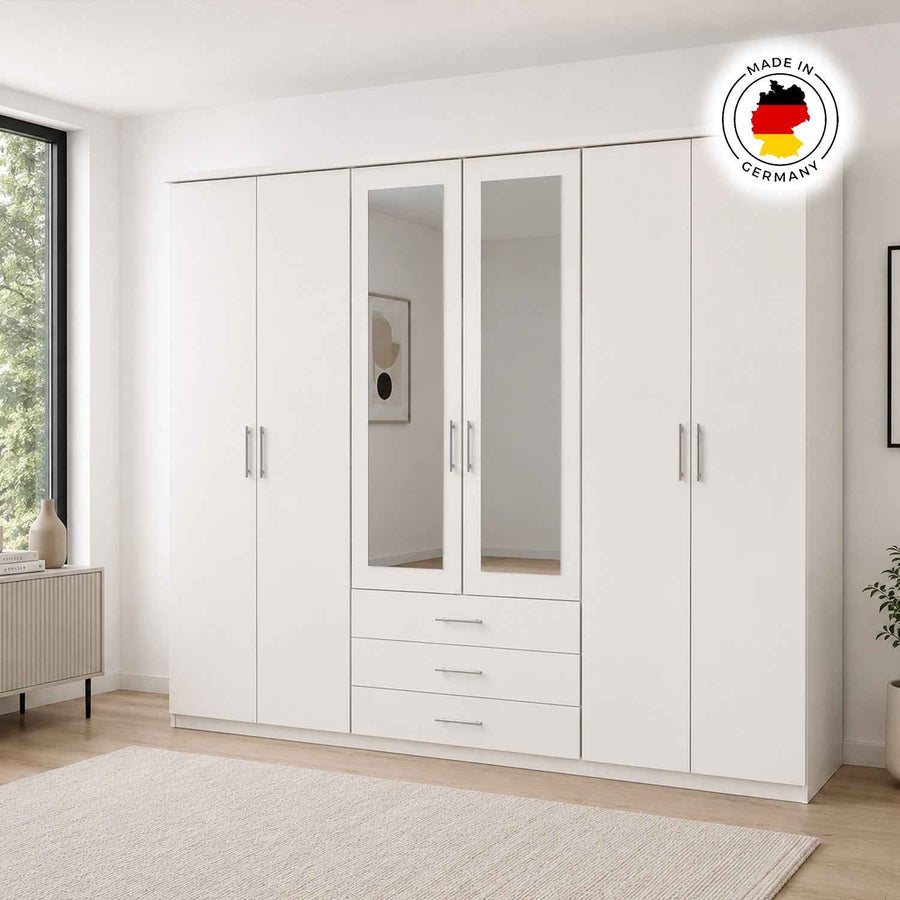 Bexley White 6 Door Mirrored Wardrobe with 3 Drawers