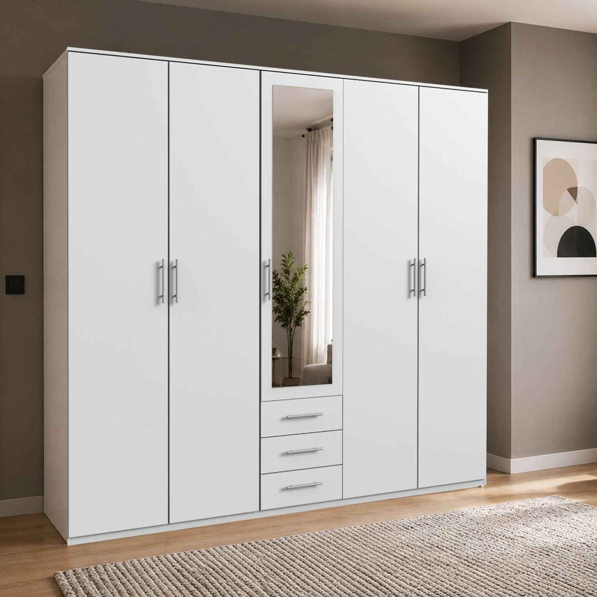 Bexley White 5 Door Mirrored Wardrobe with 3 Drawers