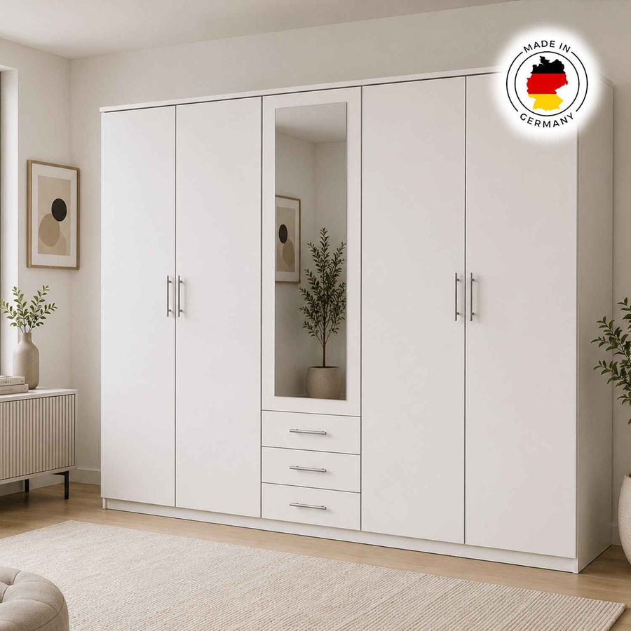 Bexley White 5 Door Mirrored Wardrobe with 3 Drawers