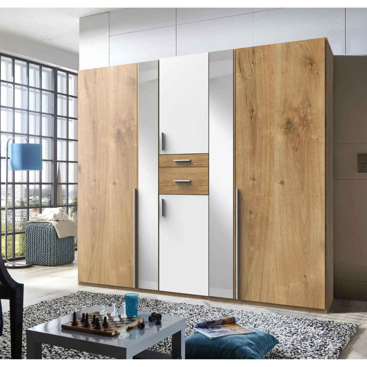 Canterbury Planked Oak and White 5 Door Wardrobe with Mirrors and Drawers