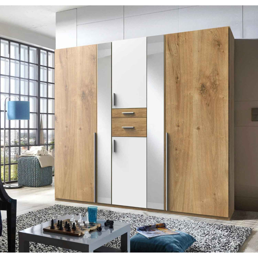 Canterbury Planked Oak and White 5 Door Wardrobe with Mirrors and Drawers