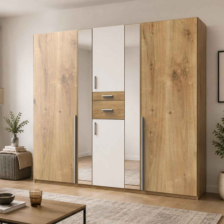 Canterbury Planked Oak and White 5 Door Wardrobe with Mirrors and Drawers