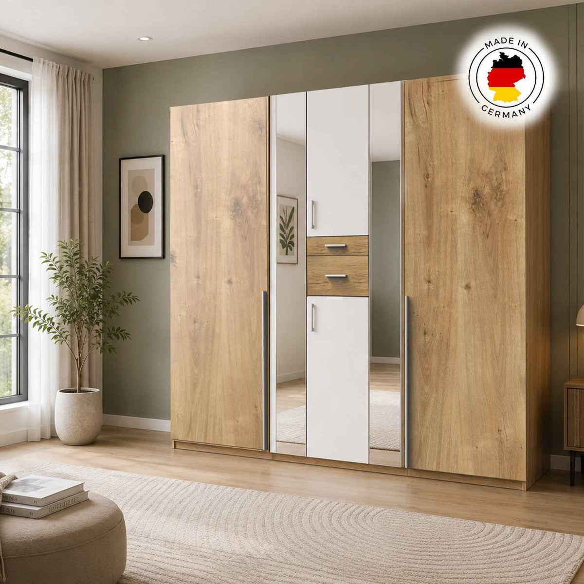 Canterbury Planked Oak and White 5 Door Wardrobe with Mirrors and Drawers