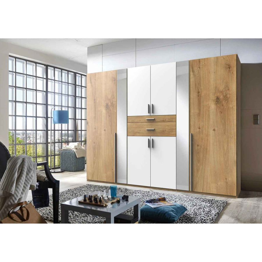 Canterbury Planked Oak and White 6 Door Wardrobe with Mirrors and Drawers