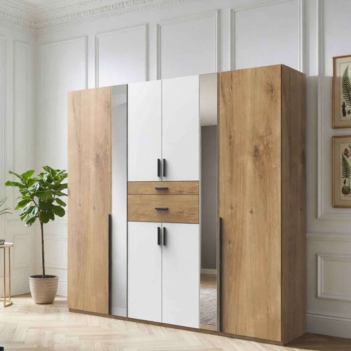 Canterbury Planked Oak and White 6 Door Wardrobe with Mirrors and Drawers