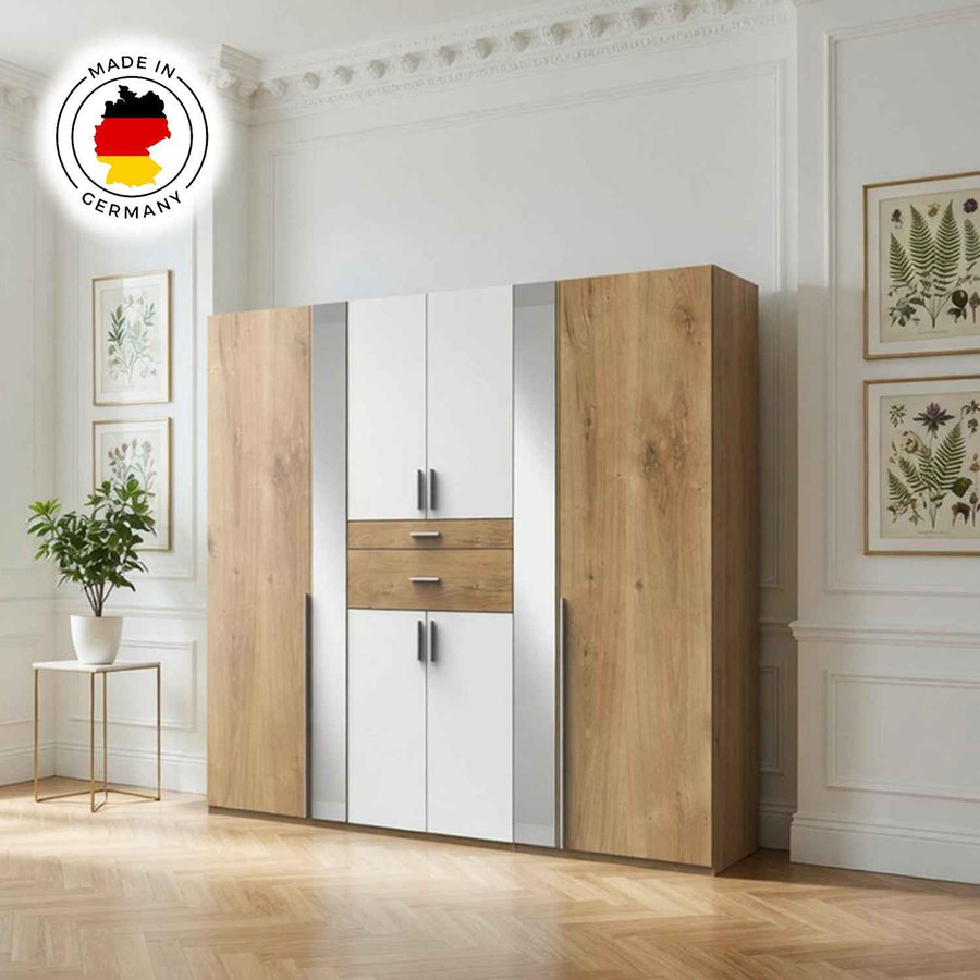 Canterbury Planked Oak and White 6 Door Wardrobe with Mirrors and Drawers